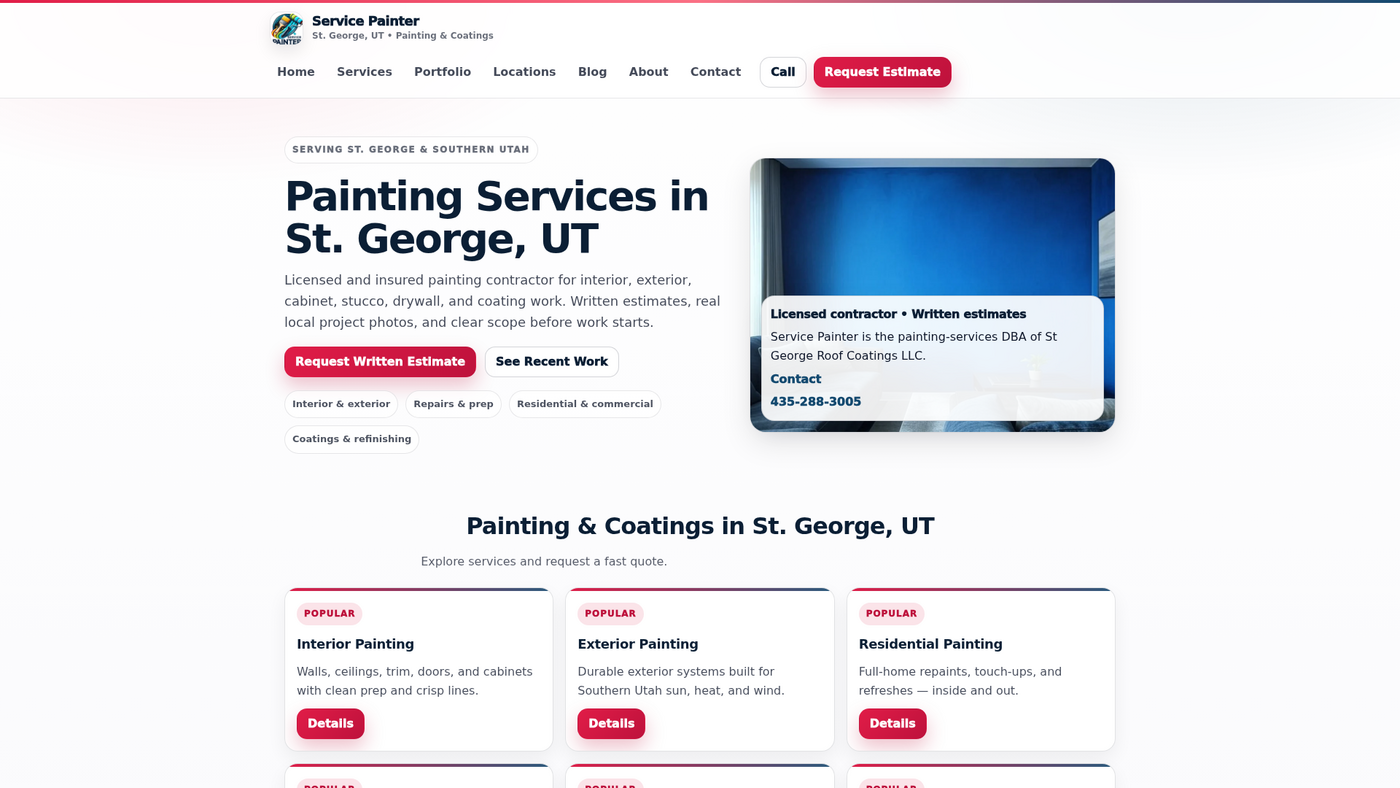 Painter service website homepage with estimate call to action and service cards