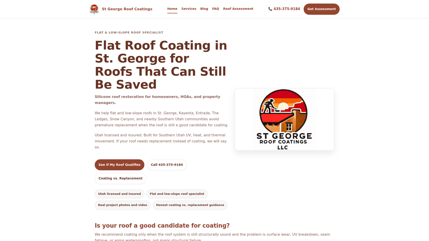Roof coating contractor website homepage with service-specific messaging and assessment CTA